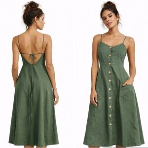 Organic Cotton Green Open Tie-Back Boho Midi   Button Front Summer Dress Fit M-L
